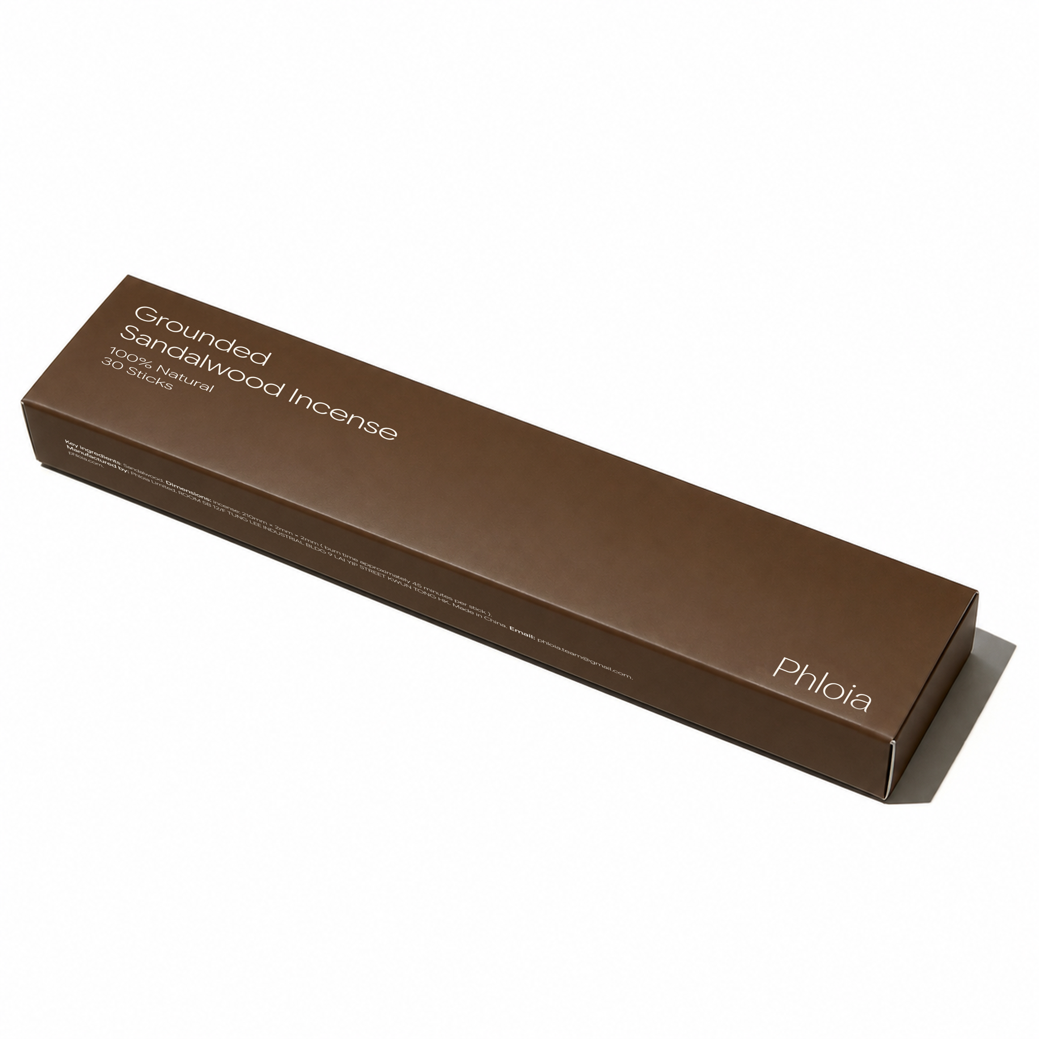 Phloia Grounded Sandalwood Incense 30-stick box, front packaging in dark sandalwood brown