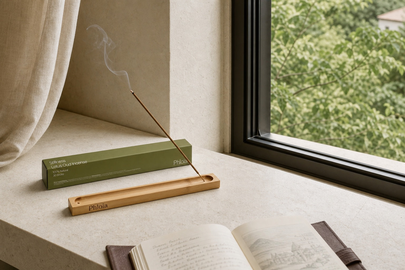 Stillness Lotus Oud Incense placed in a quiet room near a window