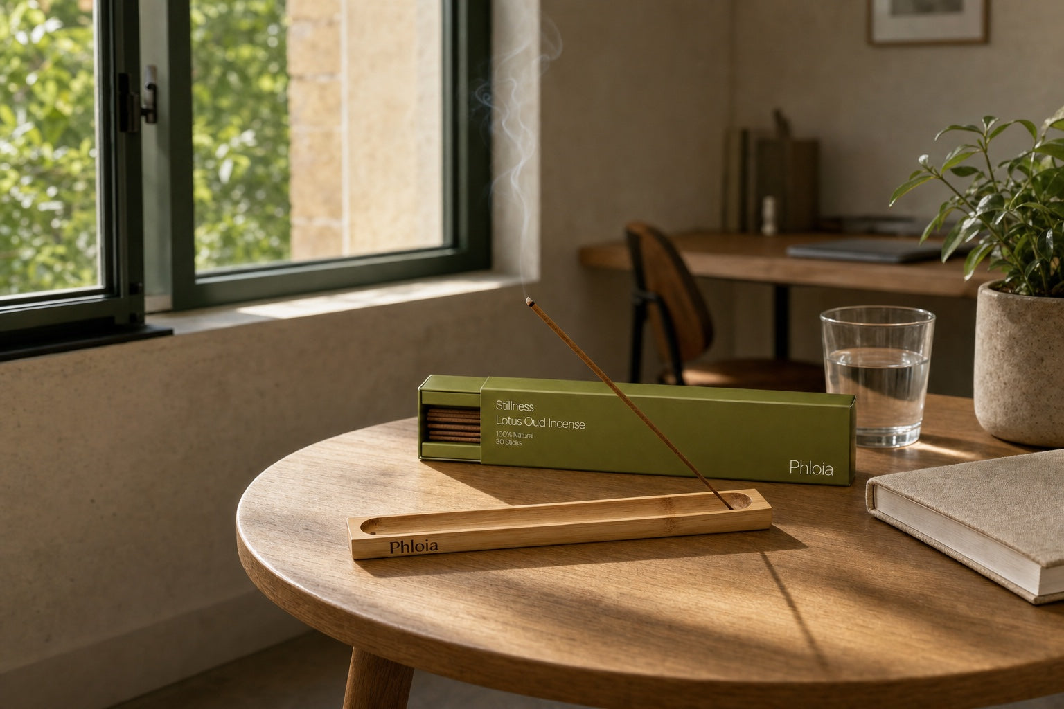 Stillness Lotus Oud Incense near an evening workspace in a well-ventilated room
